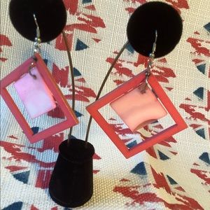 Vintage Pink Mother Of Pearl & Wood Geometric Square Earrings